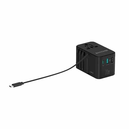 راف باور - شاحن جداري عالمي بقوة PD70W بمنفذين USB-A ومنفذ USB-C مع كيبل مدمج USB-C- اسود