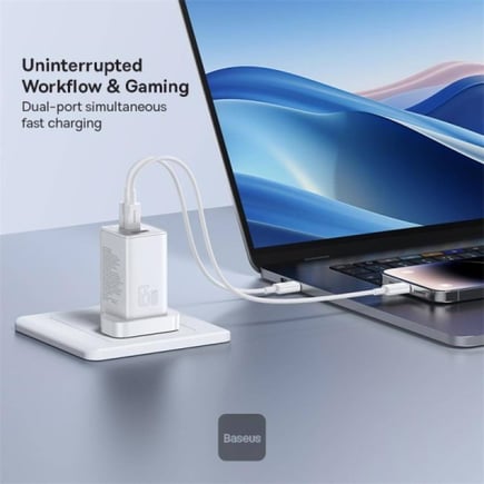 بيسوس - شاحن جداري GaN5 Pro  بقوة 65W بمنفذين USB-C ومنفذ USB-A وكيبل USB-C to C - ابيض