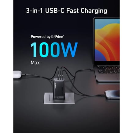 انكر - شاحن جداري Prime 100W GaN بمنفذين USB-C ومنفذ USB-A - اسود