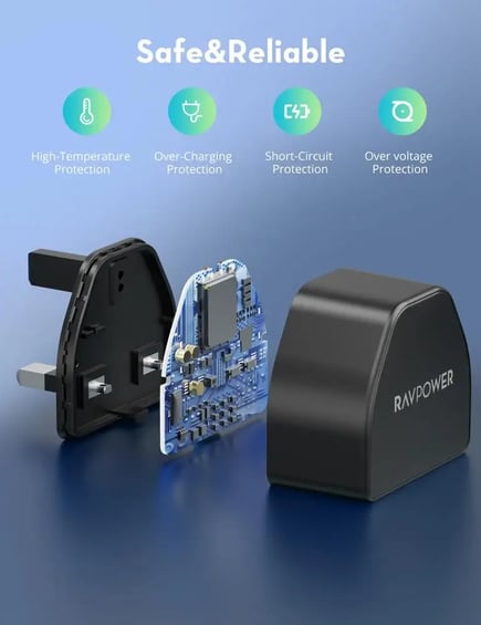 راف باور - شاحن جداري بقوة GaN 30W بمنفذ USB-C - اسود