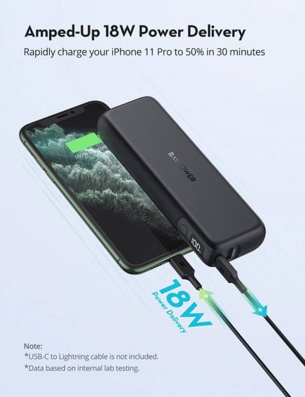 راف باور - بطارية PD Pioneer بسعة 15000mAh وقوة 30W بمنفذ USB-C ومنفذ USB-A - اسود