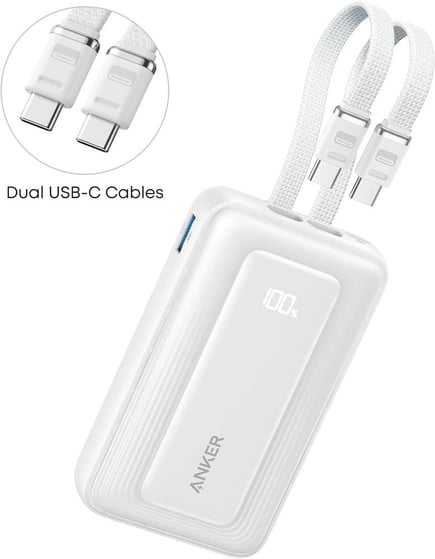 انكر - بطارية Zolo بسعة 10000mAhوقوة 35W مع 2 كيابل USB-C مدمجة ومنفذ USB-C ومنفذ USB-A - ابيض