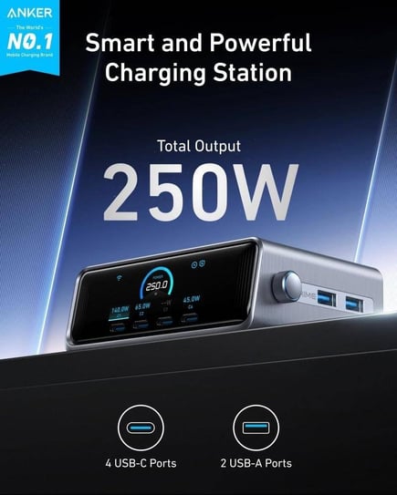 انكر - منصة شحن Prime 250W GaN ب 4 منافذ USB-C ومنفذين USB-A مع شاشة عرض وتحكم - اسود