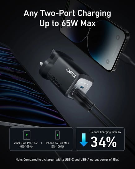 انكر - شاحن جداري Anker 735 GaNPrime بقوة 67W بمنفذين USB-C ومنفذ USB-A - اسود