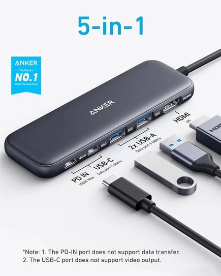 انكر - وصلة Media Hub 5-in-1 متعددة المنافذ (منفذين USB-A , منفذ USB-C , منفذ HDMI , منفذ PD IN ) - رمادي
