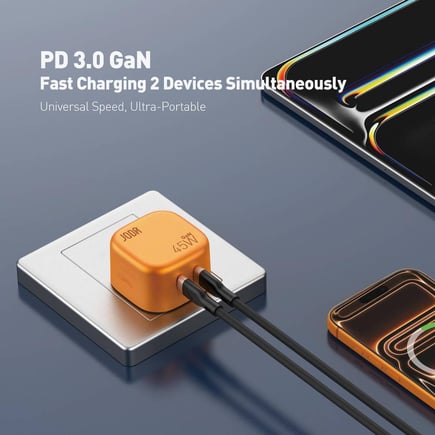 جودا - شاحن جداري VoltPod 45 بمنفذين USB-C بقوة 45W - برتقالي