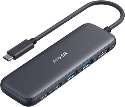 انكر - وصلة Media Hub 5-in-1 متعددة المنافذ (منفذين USB-A , منفذ USB-C , منفذ HDMI , منفذ PD IN ) - رمادي