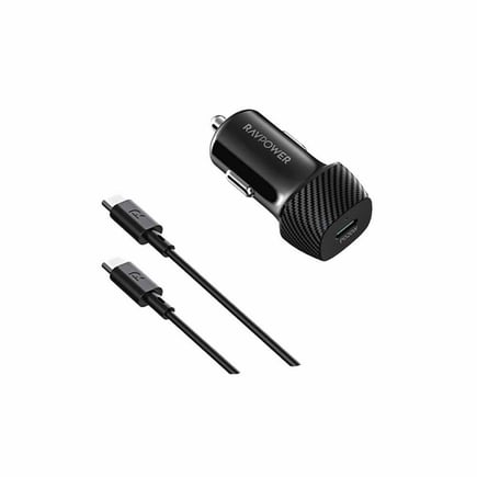 راف باور - بكج 2in1 شاحن سيارة بمنفذ USB-C PD20W مع كيبل USB-C to C 1m - اسود