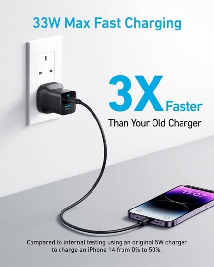 انكر - شاحن جداري Anker 323 بقوة 33 واط بمنفذ USB-A وUSB-C مع كابل USB-C إلى C - أسود