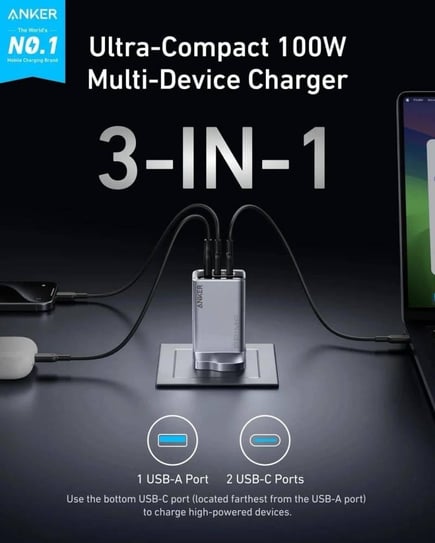 انكر - شاحن جداري Prime بقوة 100 واط ب منفذين USB-C ومنفذ USB-A - اسود