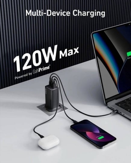 انكر - شاحن جداريAnker 737 بقوة 120 واط بمنفذين USB-C ومنفذ USB-A - اسود