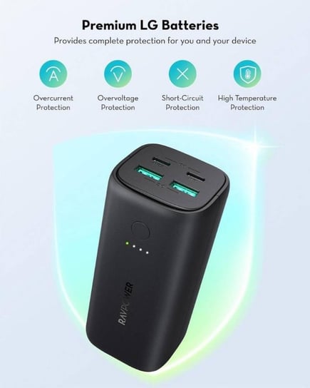 راف باور - بطارية بسعة 20,000mAh وقوة 50W بمنفذين USB-C ومنفذين USB-A - اسود