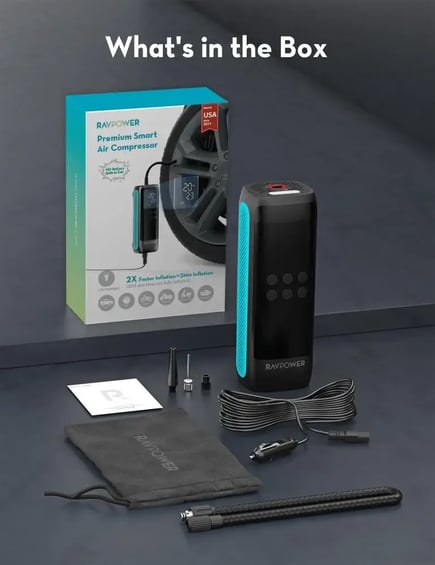 راف باور - منفاخ الهواء Premium Smart Air Compressor بدون بطارية بقوة 120 واط واخراج 12-16 فولت بسرعة 45 لتر في الدقيقة مع شاشة LED رقمية - اسود