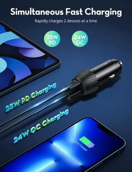راف باور - بكج شاحن السيارة PD Pioneer بقوة 49W مع كيبل USB-C to USB-C - اسود