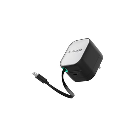 راف باور - شاحن جداري 2in1 قابل للطي بقوة PD 45W بمنفذ USB-C وكيبل مدمج USB-C قابل للسحب - اسود