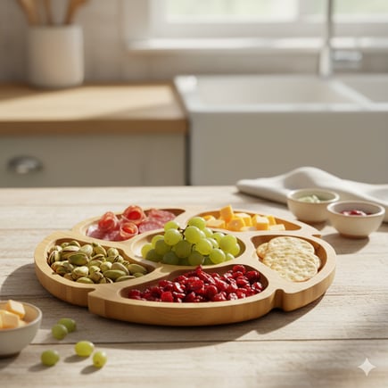 صحن خشب بامبو للضيافه والتقديم مقسم شكل ورده