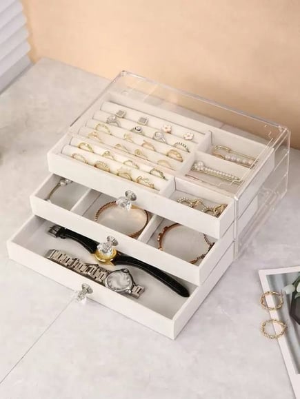 منظم اكسسوارات 3 طبقات مع غطا اكريليك لون بيج