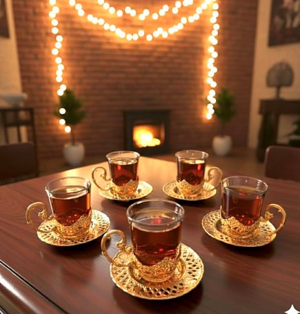 طقم كاسات شاي زجاج ذهبي مع قاعده معدن ذهبيه