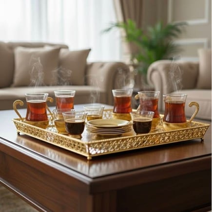 طقم 6 كاسات شاي وصحونهم مع 6 فناجين قهوه عربيه