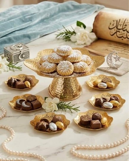 طقم معدن صحن كبير مع 6 صحون صغيره للضيافه والتقديم محفور فيه كلمة عيد مبارك