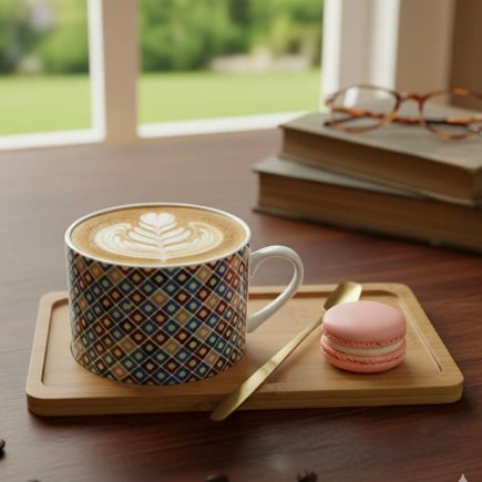 كوب مع معلقه وقاعده خشبيه