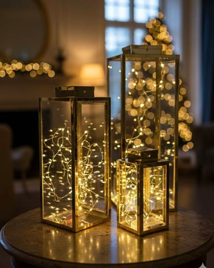 GOLD طقم فوانيس بدون مسكة يد معدن من 3 أحجام مختلفه لون ذهبي