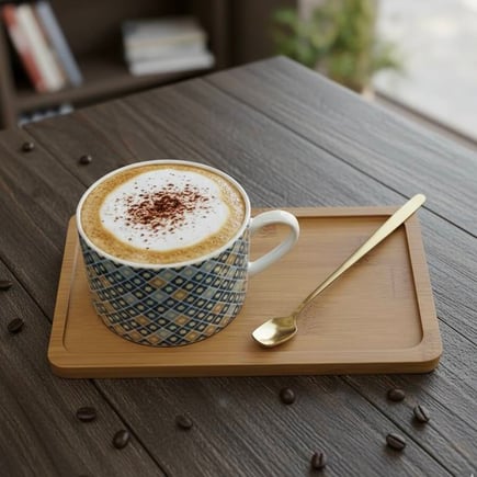 كوب مع معلقه وقاعده خشبيه