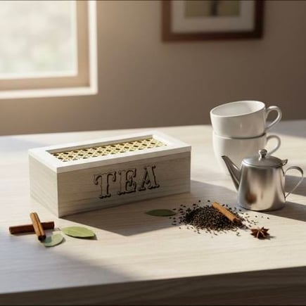 علبة خشب tea لون بيج مقسمه مع غطا