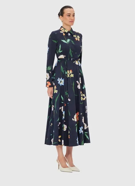 Shirt Midi Dress - Botanical Print in Ebony