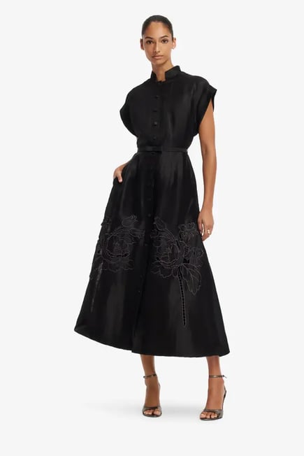  Aubrey Applique Shirt Midi Dress - black