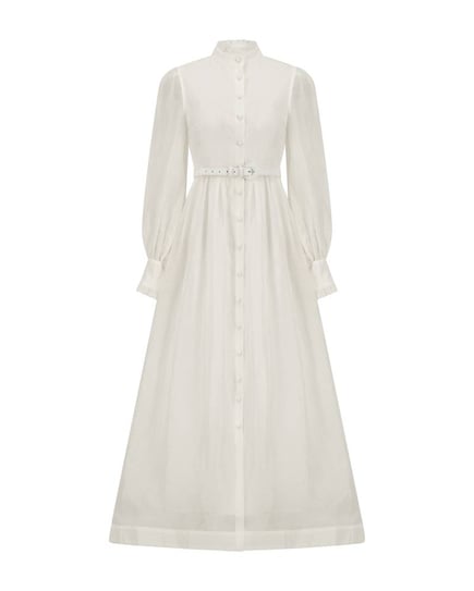 Serenella White Silk Linen Maxi Dress With Belt
