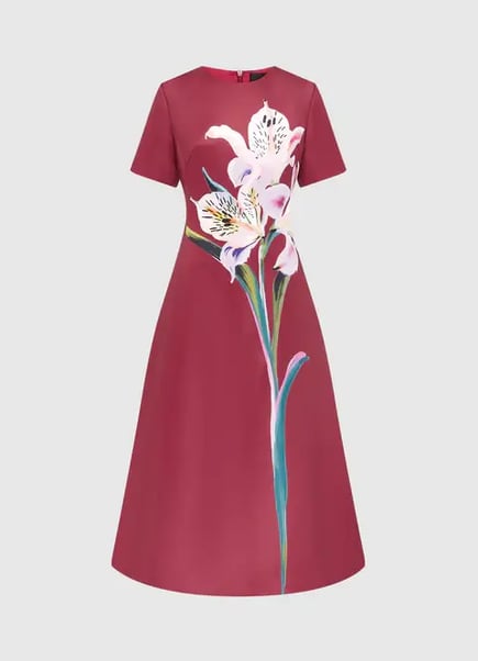 Caroline Short Sleeve Midi Dress - Lily Print in Burgundy