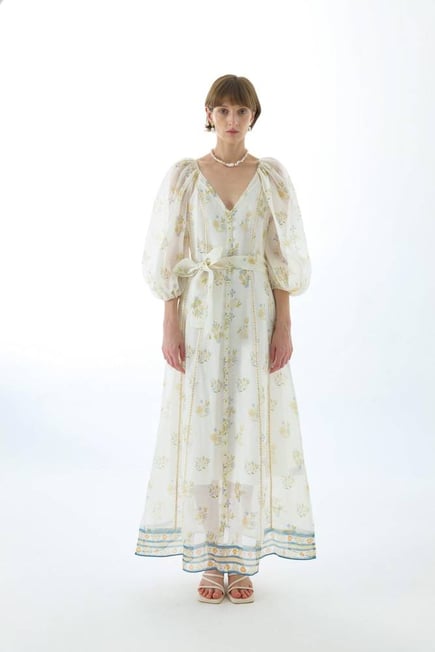 CYNTHIA SILK PUFF SLEEVE MAXI DRESS