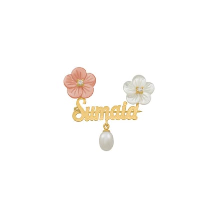 Purple brooch with an English name and pearl | 18K gold and diamonds