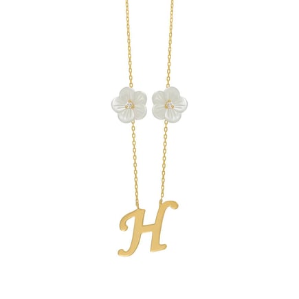 Alphabet necklace with two flowers | 18K gold and diamonds