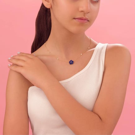 18K Gold and Diamond Blue Flower Necklace for Kids