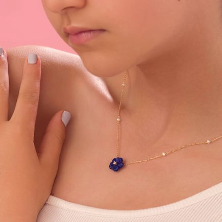 18K Gold and Diamond Blue Flower Necklace for Kids