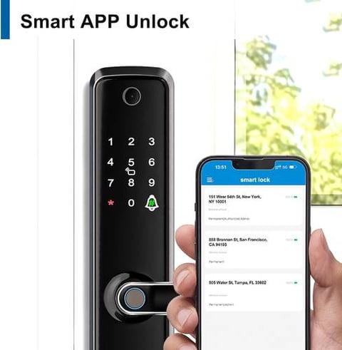 قفل باب ذكي مع كاميرا، بصمة الإصبع، دخول بدون مفتاح مع مقبض - قفل رقمي إلكتروني مع لوحة مفاتيح -  فاي 