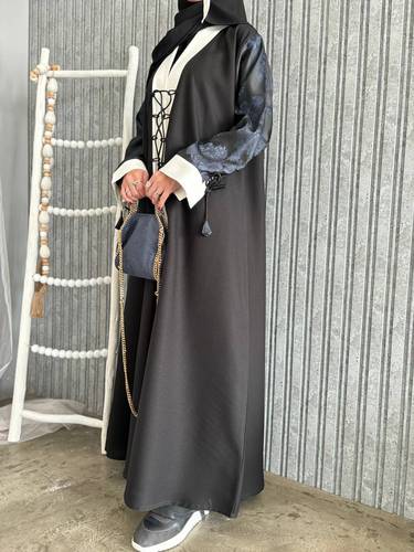 عباية كتان ساده مع طباعه ب اكمام ربط