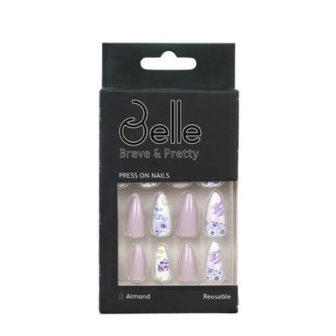 Self-adhesive artificial nails, Shatha, purple and white, decorated with flowers, 24 pieces - Belle