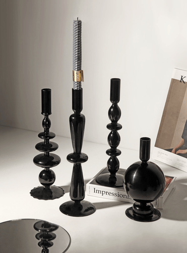 Black glass candle holder set