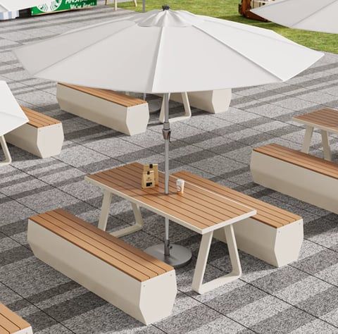 A complete and modern set of a table and two chairs with an umbrella
