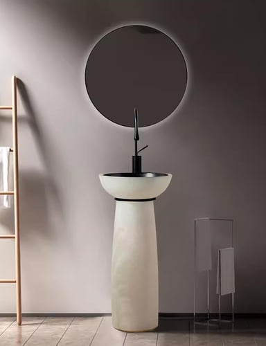 Ceramic sink with faucet and mirror