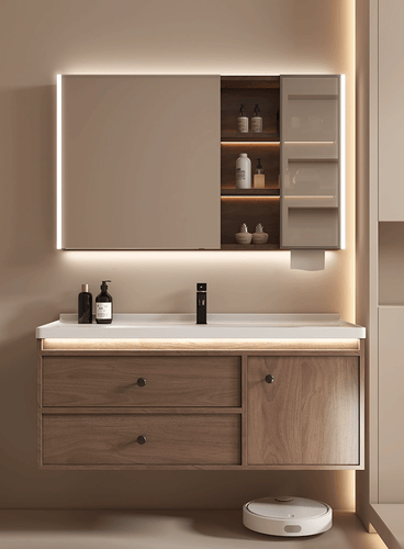 Wooden sink with mirror and faucet