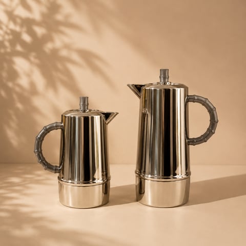 طقم ترامس قهوه وشاي ماتيلو بمقبض رمادى تصميم بامبو فضى لامع 0.7L+1.0L