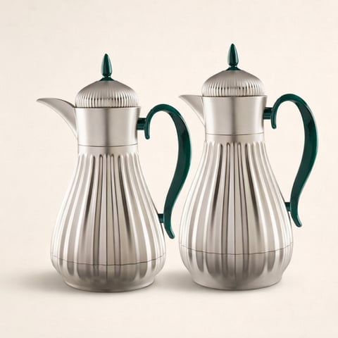 طقم ترامس جنى فضى مطفى مع مقبض اخضر زجاج من الداخل 1L+0.7L