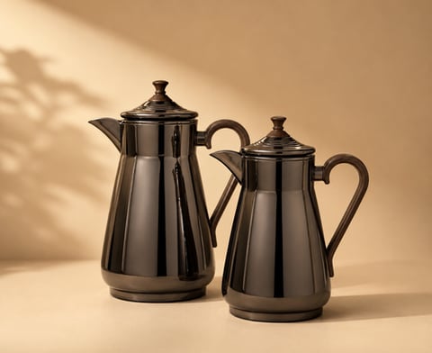 طقم ترامس قهوه وشاى مسك – دخاني لامع بمقبض خشبي ستالنس استيل وزجاج من الداخل 1.0L/0.75L