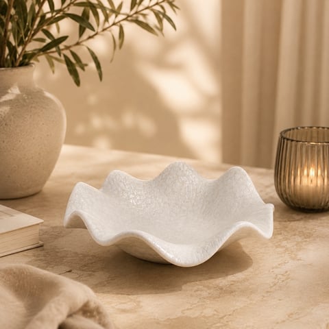 طبق ديكور سيراميك مموج – أبيض رخامي-19*5 سم