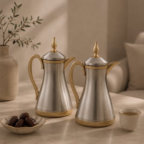 طقم ترامس قهوة وشاي فضي ذهبي فاخر زجاج داخلي 0.7 لتر