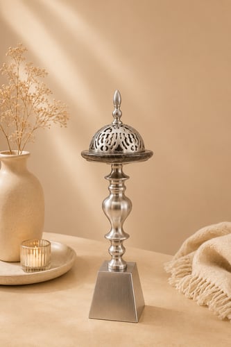 مبخرة الضيافه الملكيه الفاخره فضى مع ماربل بني مقاس 33*15 سم
